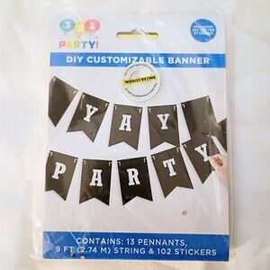 321 Party DIY Customize Banner 9 ft String 13 Black Pennants 102 Stickers NEW